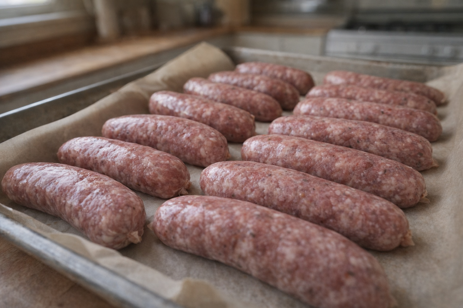 A close-up shot of raw sausages arranged on a parchment-lined baking sheet, ready for the oven, indirect light, focus on texture